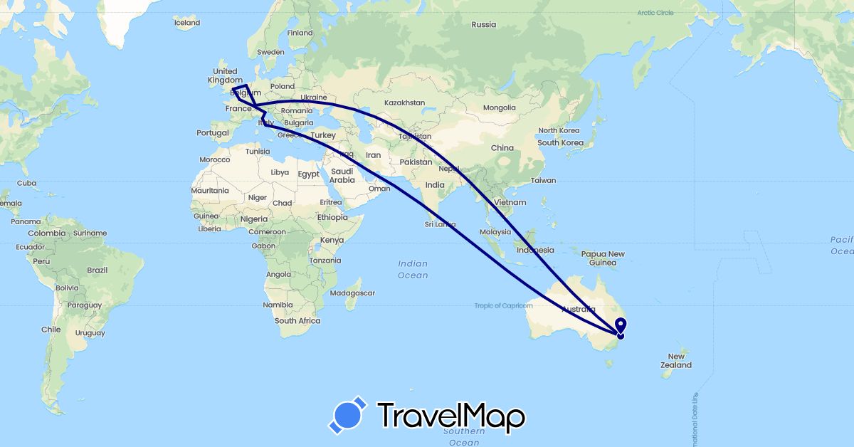 TravelMap itinerary: driving in United Arab Emirates, Australia, Switzerland, France, United Kingdom, Italy, Netherlands (Asia, Europe, Oceania)